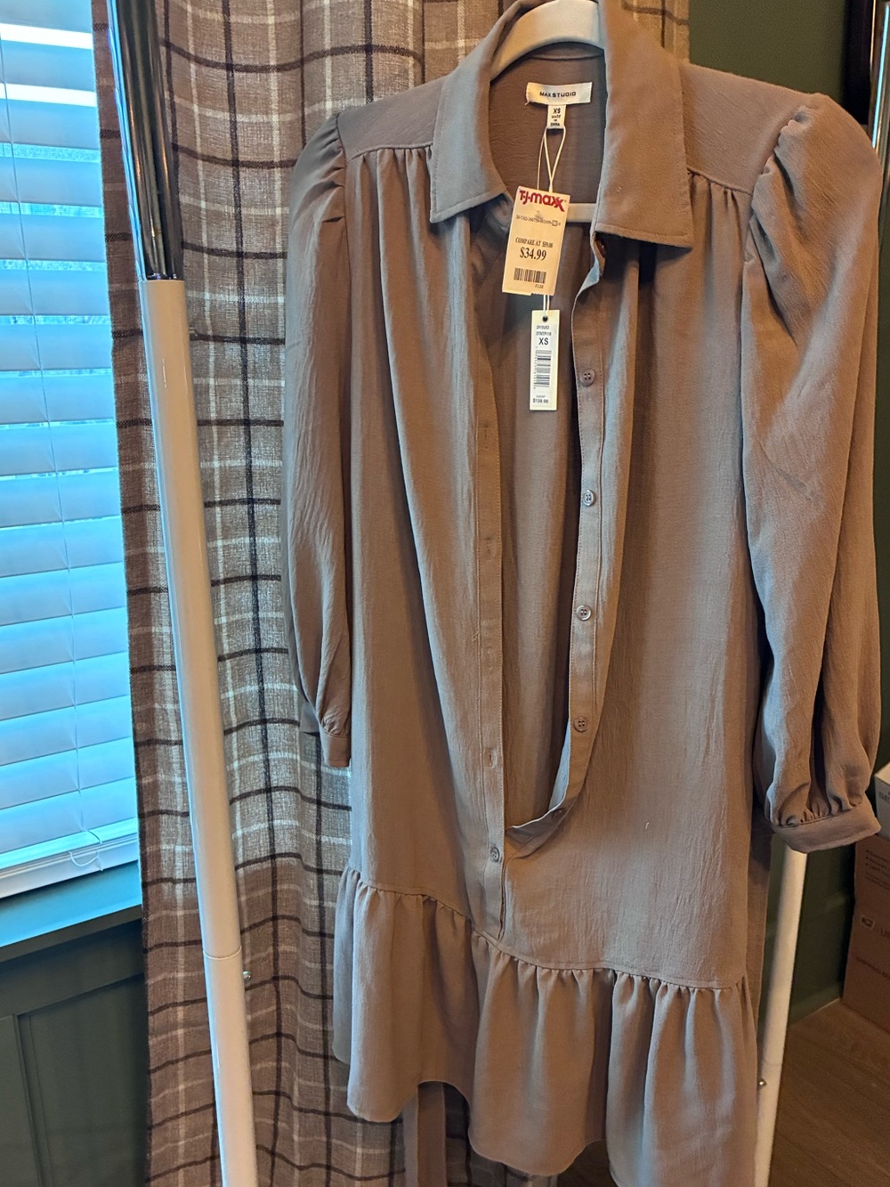 Max Studio Taupe Button-Front Ruffle Hem Tunic